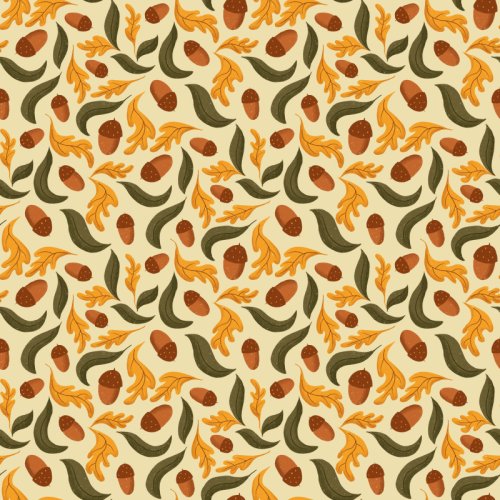Golden Hollow collection, Acorn Rain: scattered brown acorns, golden oak leaves, and olive leaves on a buttery yellow background, a cheerful fall woodland pattern.