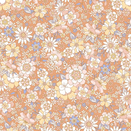 retro floral design with brown, peach and yellow flowers