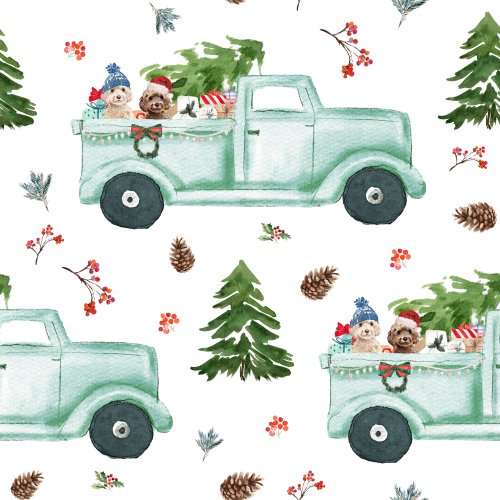 christmas dogs riding in vintage truck with christmas tree