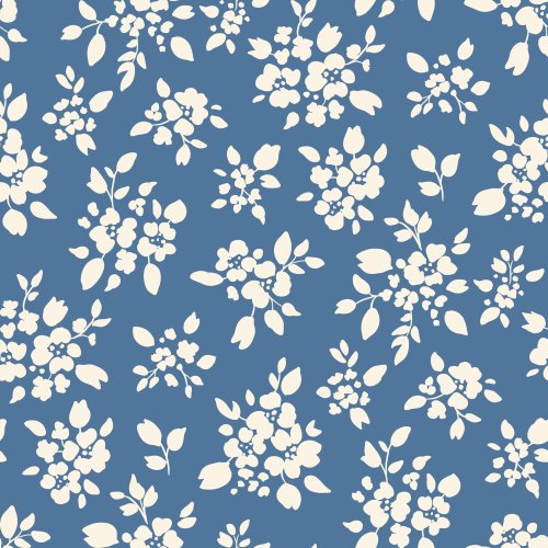 A retro summer Americana floral toss featuring buttercream blossom clusters and leaves scattered across an Americana blue background.