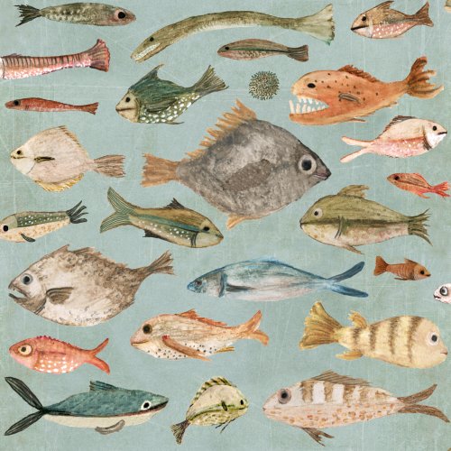 Assortment of hand-drawn fish swimming across a soft background, a playful underwater ocean design.