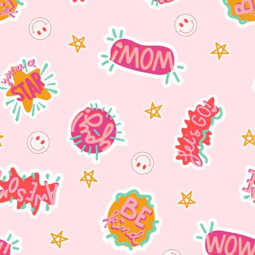Cute smiley faces, stars, and word stickers on pink by Ashes and Ivy