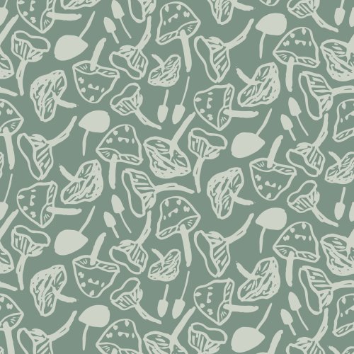 Hand drawn mushrooms in a monochrome tossed pattern