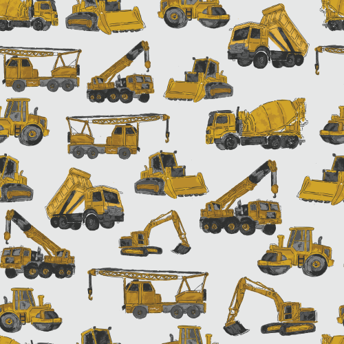 a mix of hand painted construction vehicles and trucks