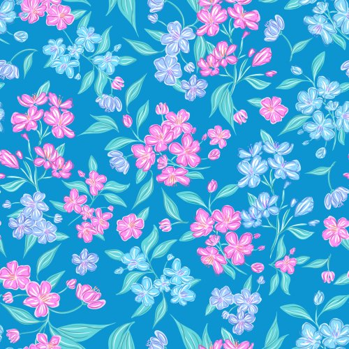 Sketchy illustrated fruit blossom scattered in pinks and blues