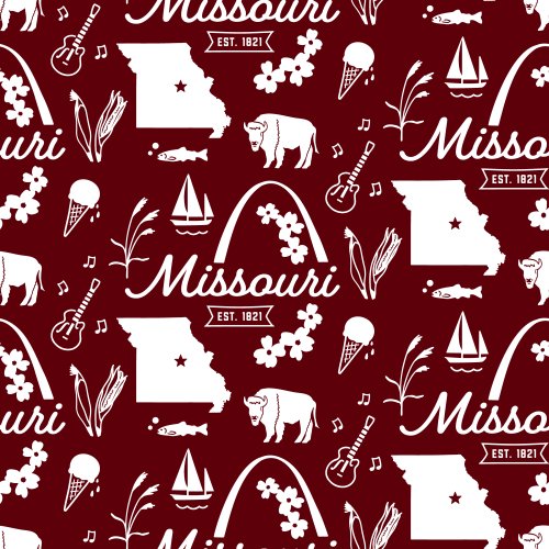 Hand drawn motifs representing Missouri, with retro script and established date.