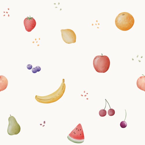 Hand drawn pattern. Fruits, apple, banana, peach, pear, plum, strawberry, cherry.