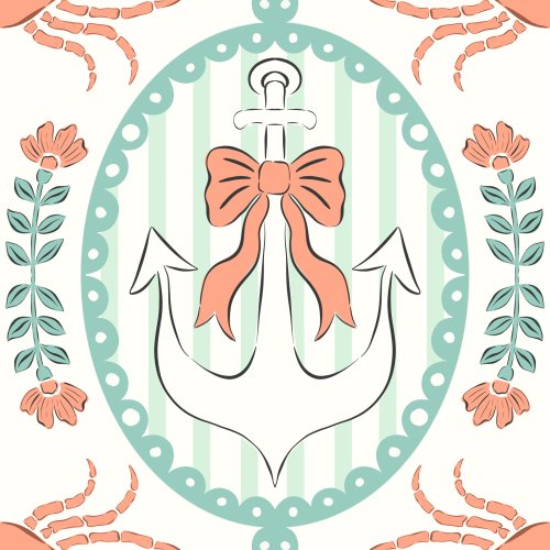 Seamless nautical pattern featuring anchors with bows, crabs, ship's wheels and floral sprigs arranged in an ornamental layout with striped backgrounds and scalloped borders.