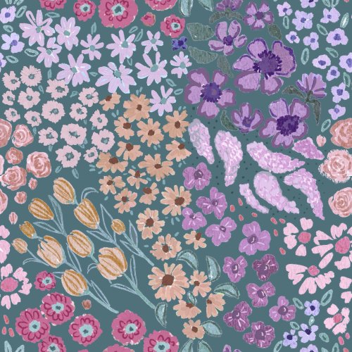 flower field with movement in tones of purple pink yellow and green 