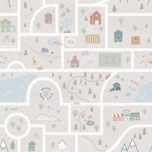 hand drawn play mat city with a heather grey background