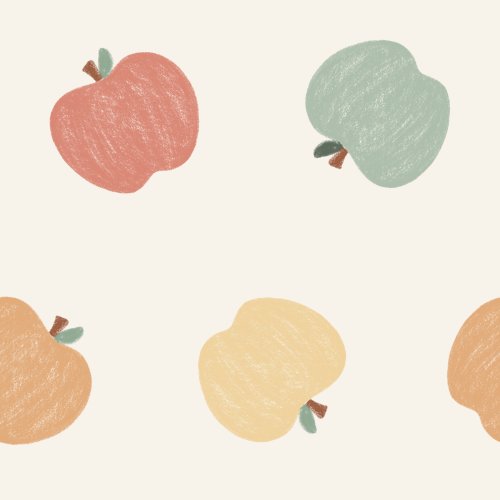Hand drawn ditsy apples in red, orange, green, and yellow with a graphite pencil texture tossed on an off white background