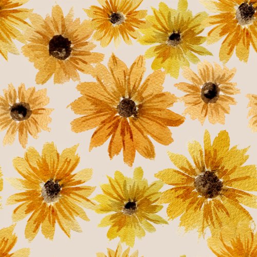 Watercolor sunflowers scattered across a light beige background