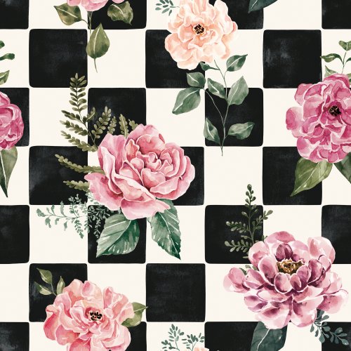 black and white checkers with pink floral