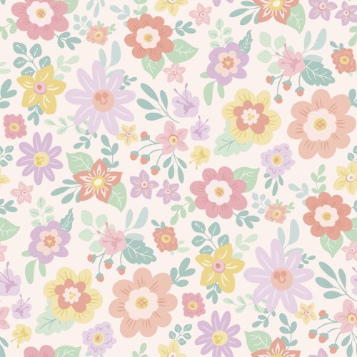 Bright multi-colored spring flowers in a playful, tossed print with a soft pink background. 