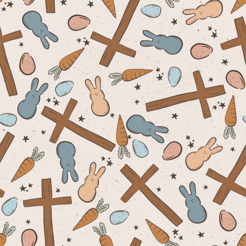 Easter fabric design with crosses bunnies carrots and eggs