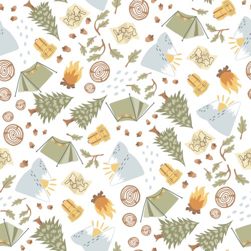 seamless camping-themed pattern on cream background featuring tents, campfires, pine trees, maps, backpacks, and acorns in earthy tones.
