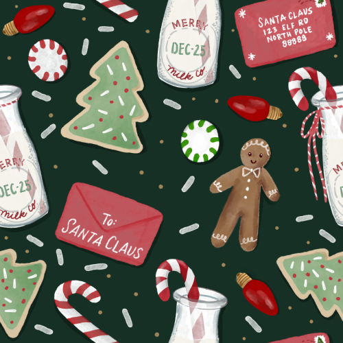 Christmas gender neutral pattern with cookies, milk, gingerbread, and letters to Santa