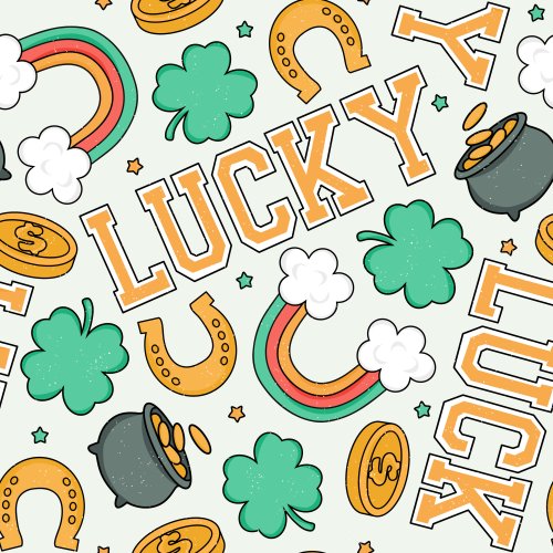 St patricks day design with the word "lucky" and shamrocks, pot of gold, horseshoe, rainbow