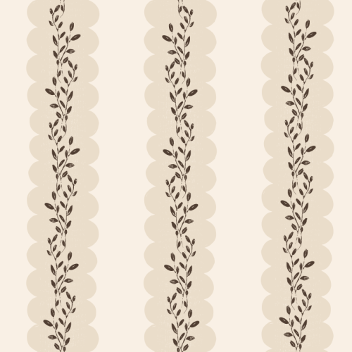 scalloped stripe pattern with hand painted vines and leaves on a cream background