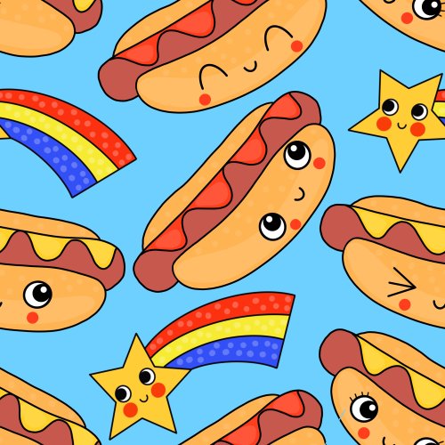 cartoon hotdogs with smiley faces and rainbows