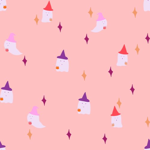 cute halloween ghosts trick or treating with witches hats on In colors of pink, red and purple