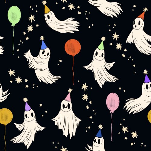 Halloween pattern for kids featuring cute ghosts wearing party hats. Background is black, pink, or cream.