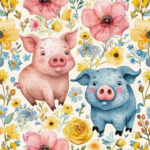 blue and pink floral pig design