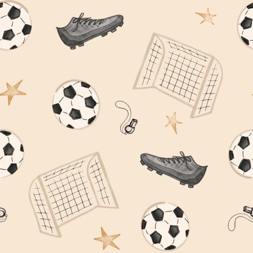 Watercolor soccer equipment motifs on a solid background.