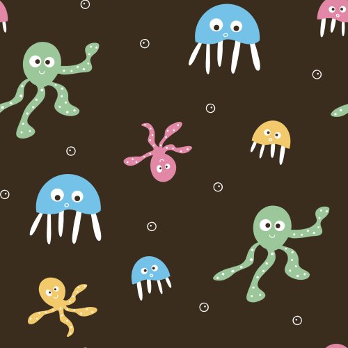 jelly fish, fish and octopus on dark brown background