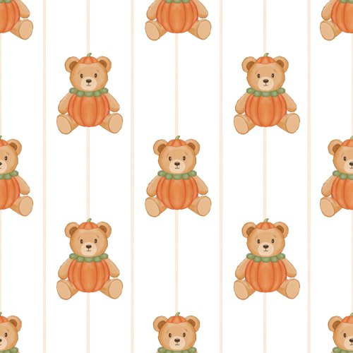 Watercolor bears wearing a pumpkin costume on pin stripes