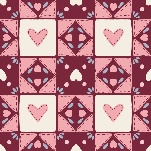 A 90s-inspired patchwork heart print with a cozy quilting feel. Perfect for kids clothing, quilts, and nostalgic Valentine sewing projects.