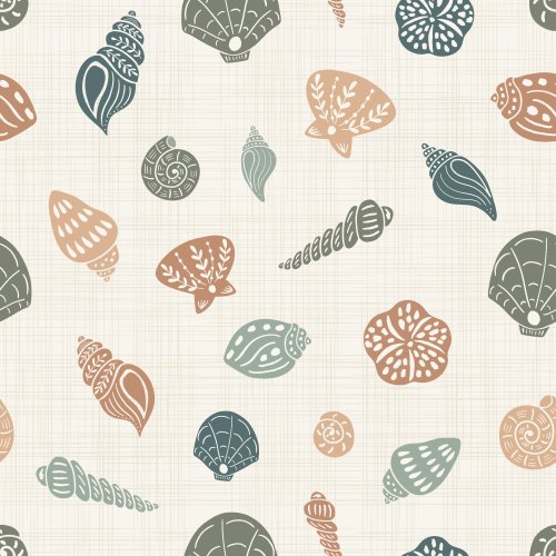 Seamless scattered pattern of seashells including scallops, spiral shells and coastal beach finds.