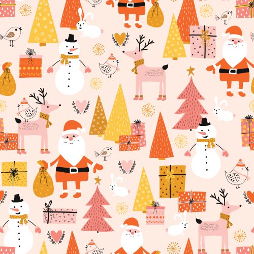 pink christmas design with santa, snowman and reindeer