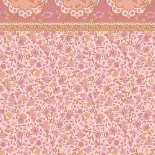 a bohemian border print with pink trailing florals and an ornate pink border