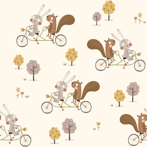 rabbit and squirrel on a bicycle with trees