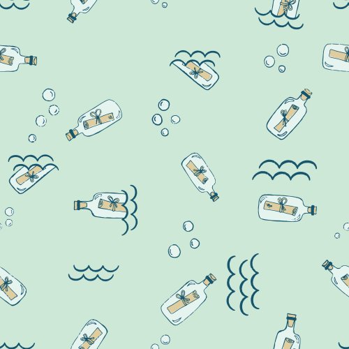 Seamless pattern of floating message bottles, ocean waves and bubbles on a soft seafoam background.
