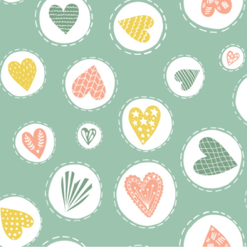 A playful tossed pattern of decorative hearts in sage green, mint, coral pink and yellow, featuring varied hand-drawn patterns and textures inside white circular badges with dashed outlines on a sage green background.