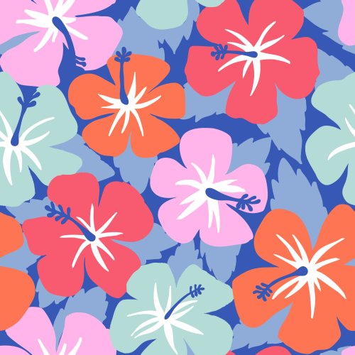 Large bright tropical hibiscus floral in red, pink, teal on cobalt blue ground