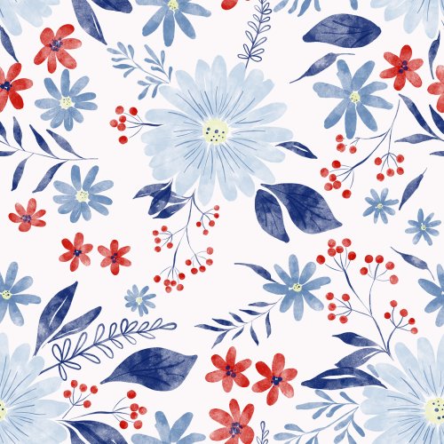 white background with large blooms and flowers in red white and blue watercolors