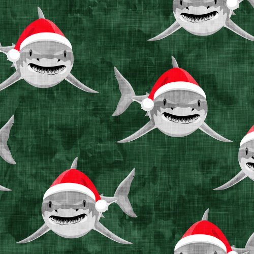 Great White Sharks with Green Background wearing santa hats