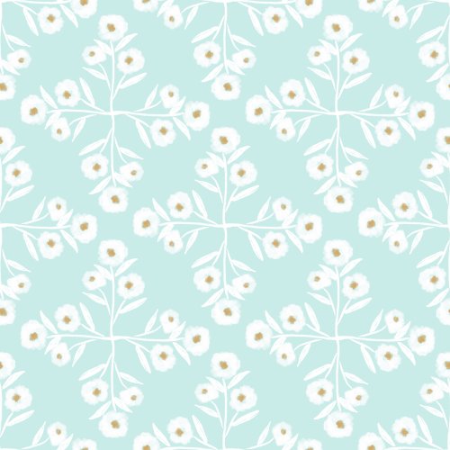 A geometric that is feminine with bunches of white bouquets on spring colors like aqua, pink, and purple