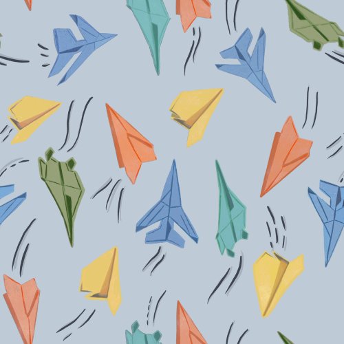 paper airplanes in a tossed pattern for back to school blue orange yellow teal navy blue