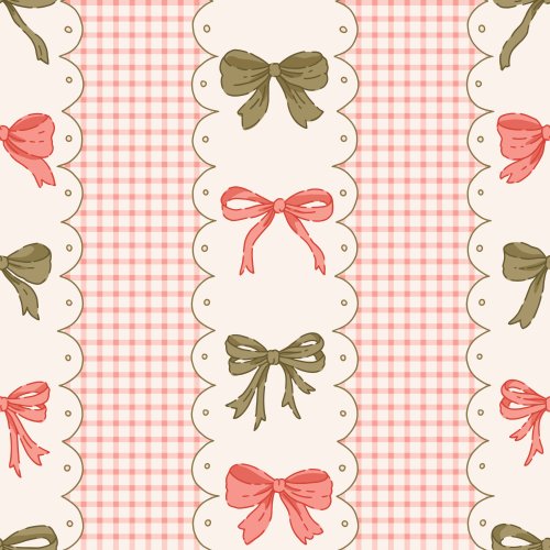 A sweet vertical stripe featuring paired bows motifs framed by scalloped “ribbon” panels, set against a soft coral-and-cream gingham check.