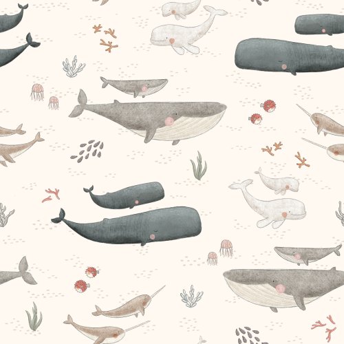 whale designs on cream background