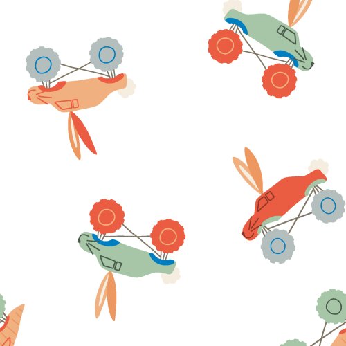 Scattered easter bunny rabbit monster trucks and carrot monster trucks as a boy and gender neutral easter pattern.