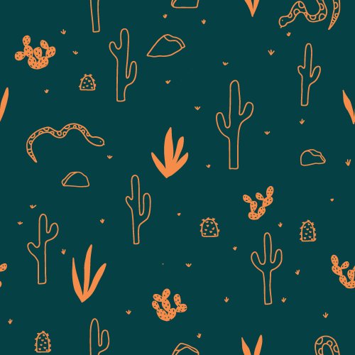 A pattern full of desert things in the southwest like saguaro cactus, prickly pear cacti, rattlesnakes, and rocks, as part of the desert mountain biking collection.