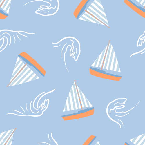 Tossed sailboats and ocean waves on blue 