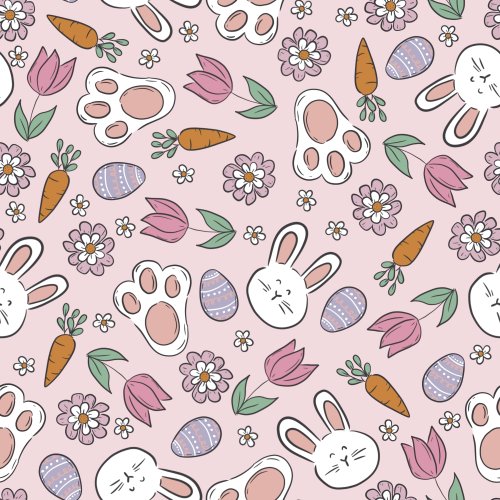 Easter fabric design with easter bunnies, carrots, eggs and flowers on pink background