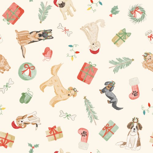 Watercolor Christmas dogs and decor in a tossed layout.