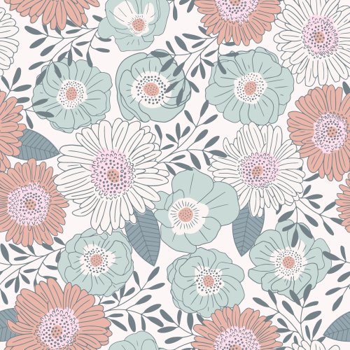 Spring daisies and poppies in shades of light pink, blue, cream